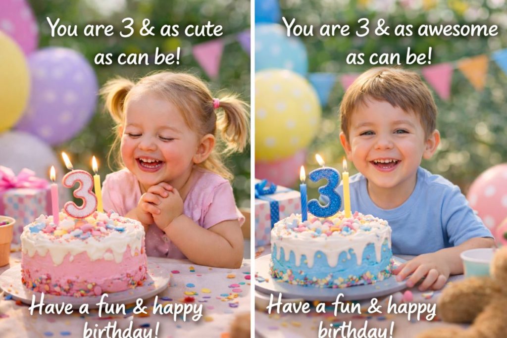 Happy 3rd birthday boy and girl with cake and balloons joyful celebration