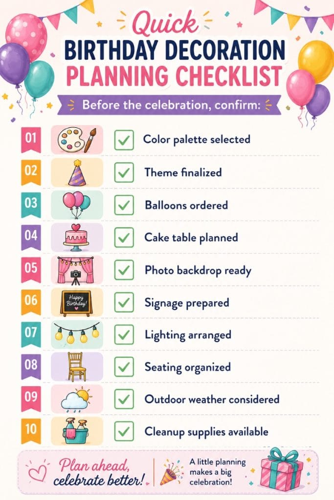 50 Birthday Party Decoration Ideas for Kids, Adults, Home, Outdoor, and Milestone Celebrations Birthday decoration checklist poster