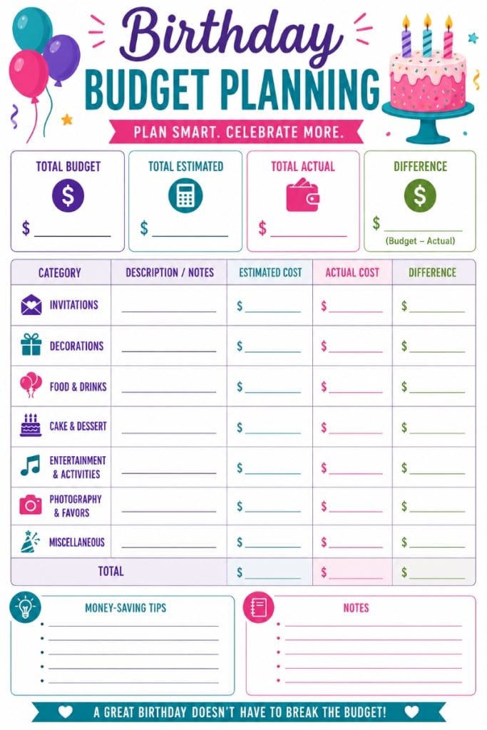 Birthday party budget planning with calculator, notes, and decorations