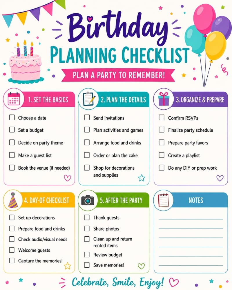 Birthday party planning checklist with notebook, calendar, and party supplies