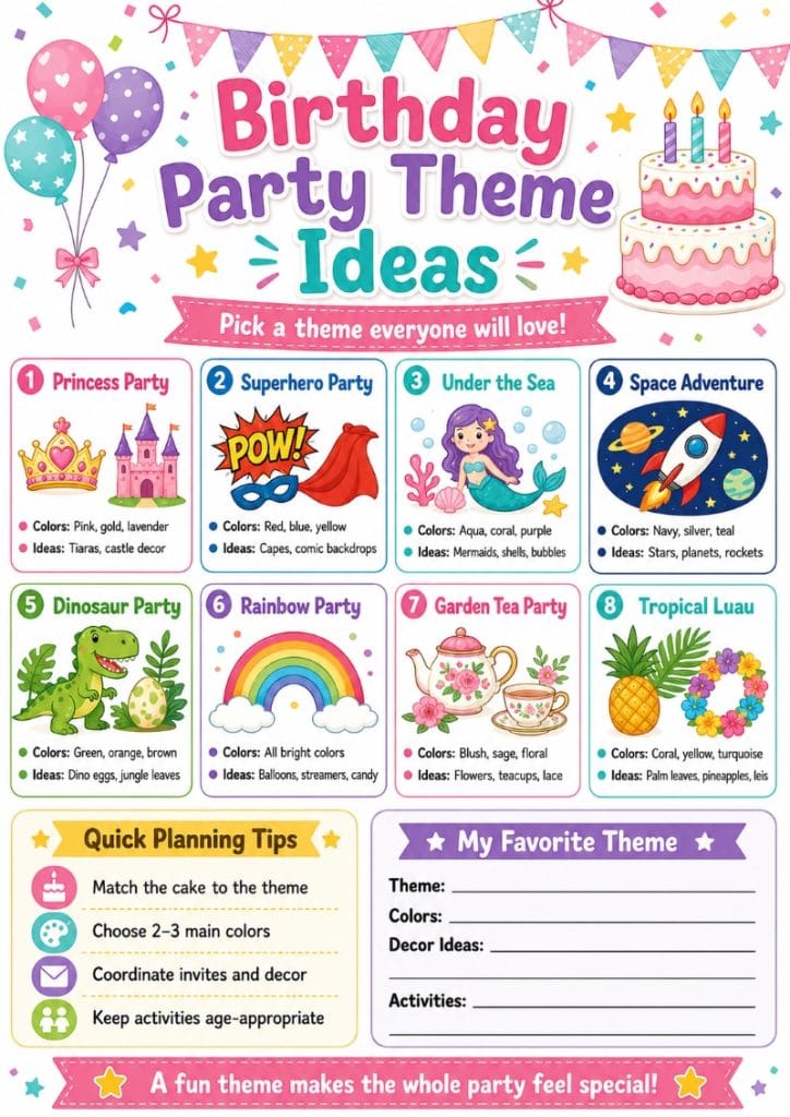 Birthday party theme ideas with balloons, cake, flowers, and color palette