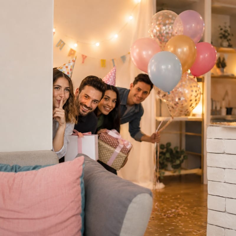 Surprise birthday party planning with friends, balloons, and birthday decorations