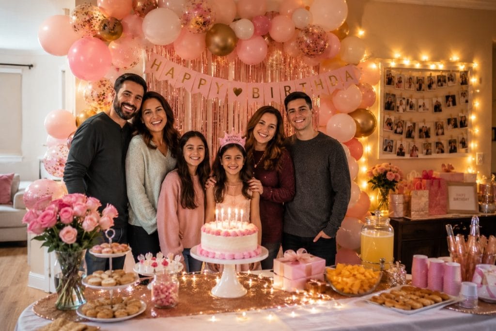 Festive family birthday celebration in pink