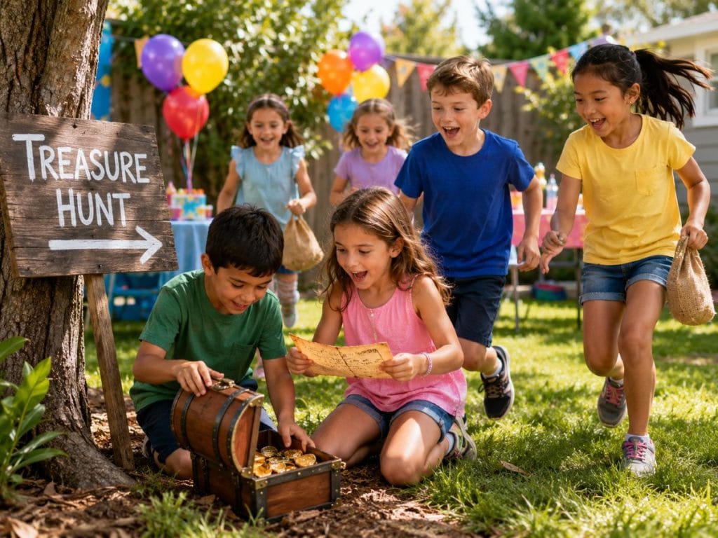 75 Birthday Party Entertainment Ideas for Kids, Adults, Home Parties, and Milestone Celebrations Kids participating in a birthday party treasure hunt