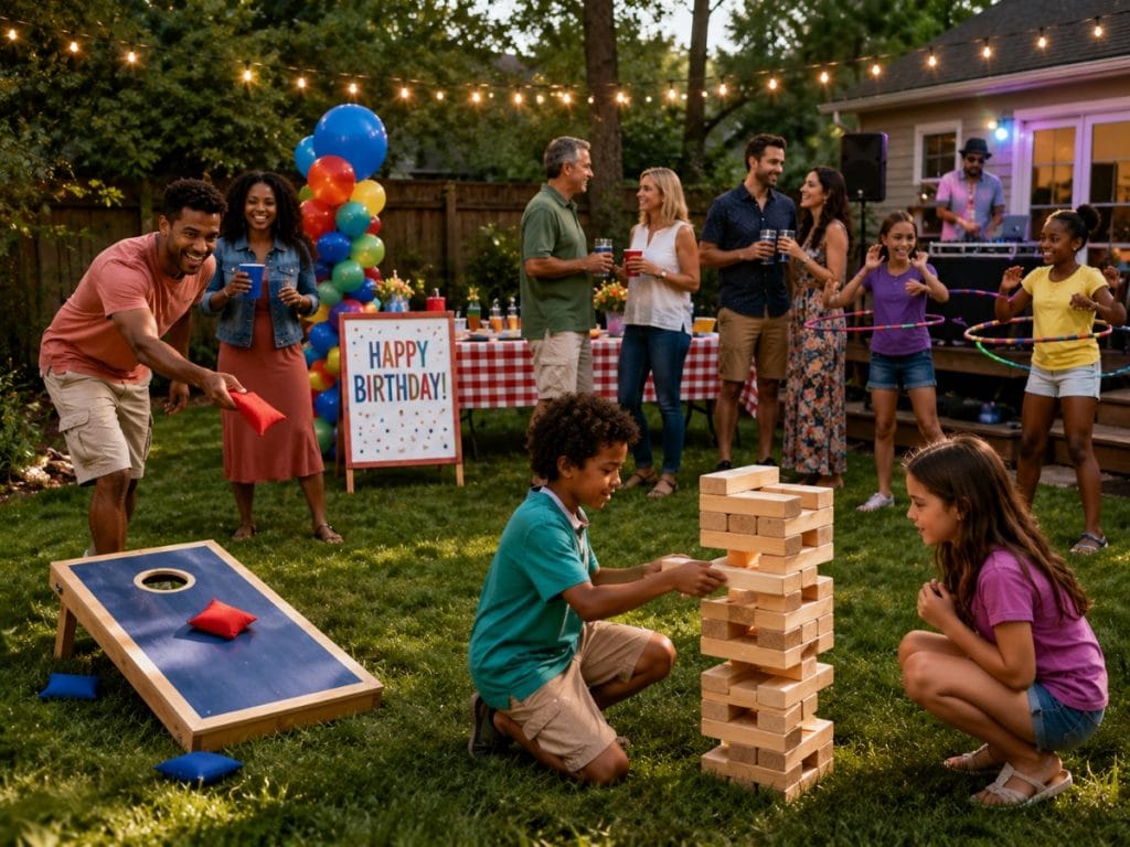 Outdoor backyard birthday party with lawn games and entertainment