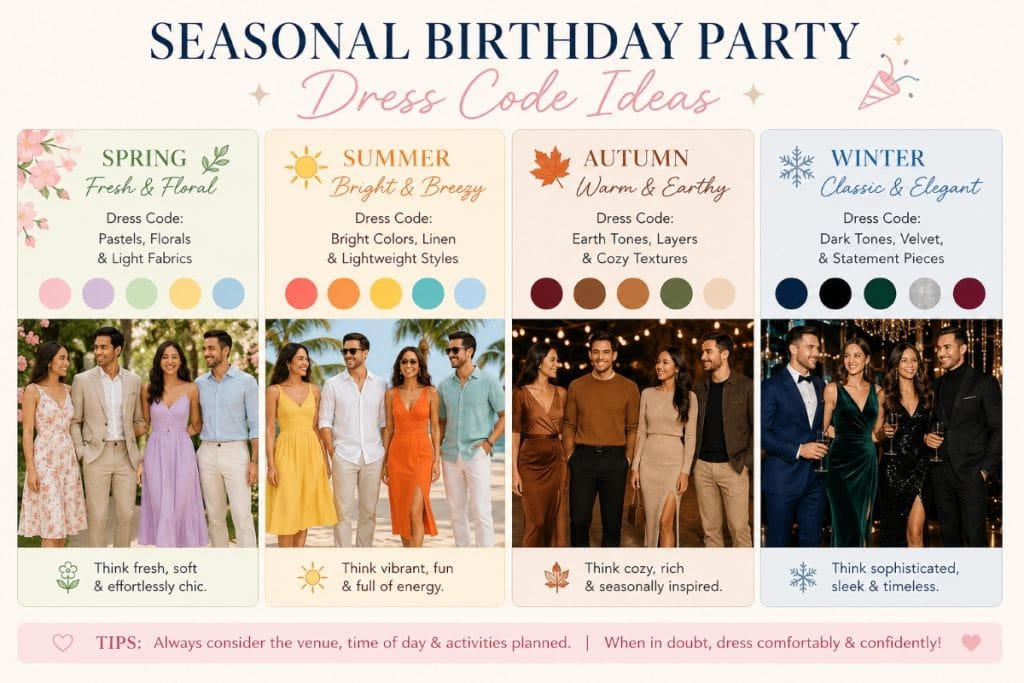 Birthday Party Dress Code Ideas for Home Parties, Outdoor Events, and Formal Celebrations Seasonal Birthday Party Dress Code Ideas