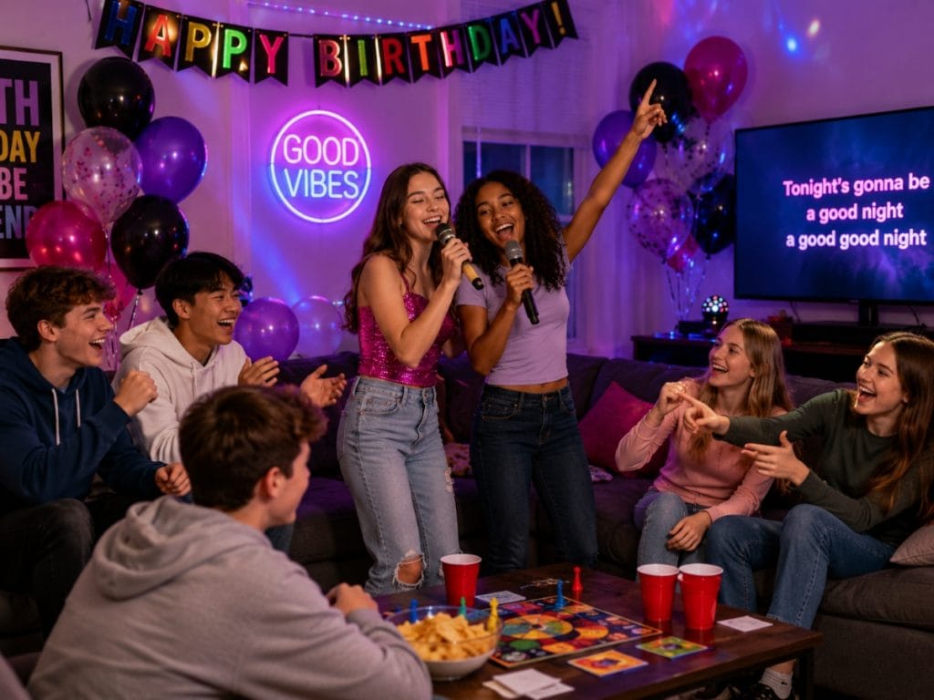 Teenagers enjoying karaoke and party games at a birthday celebration