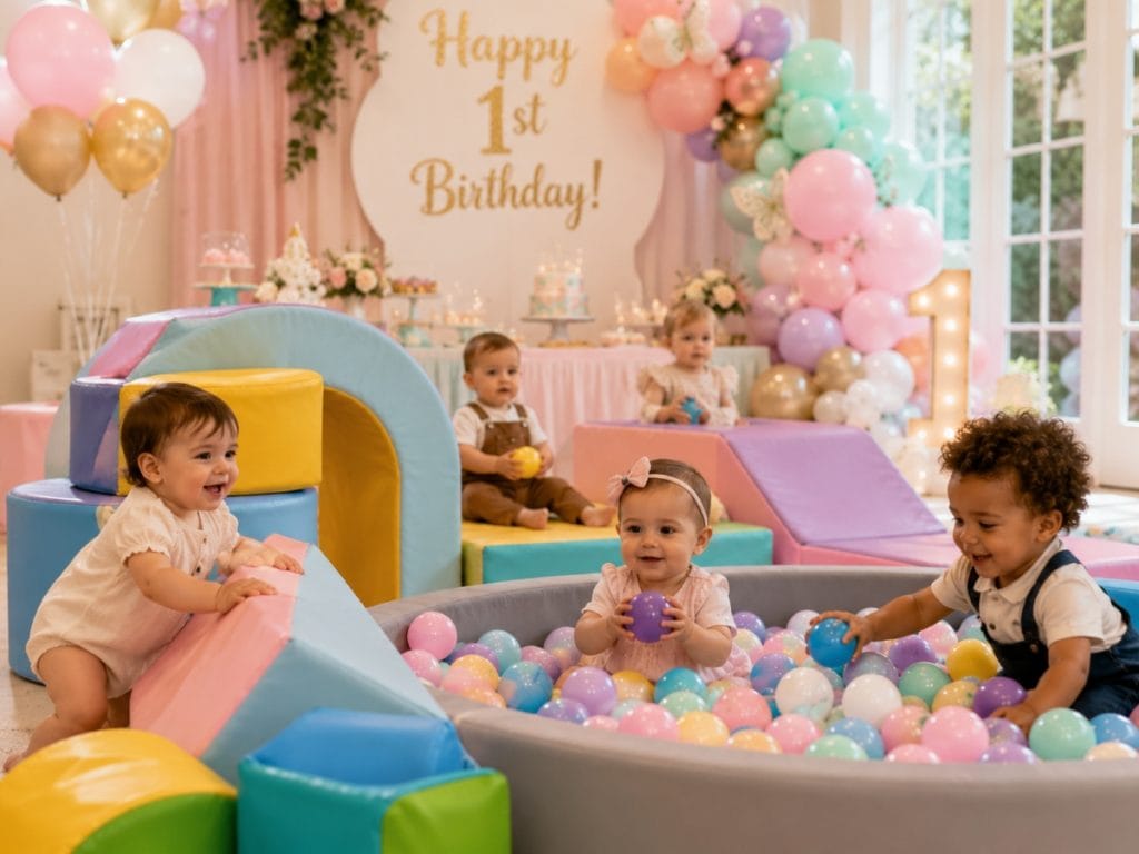 Toddlers playing in a soft play area at a first birthday party Toddlers playing in a soft play area at a first birthday party